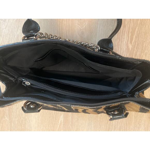 Roberta Gandolfi Leather Bag Patent Zippered Large Zebra Hair Purse Black Brown - Picture 3 of 11